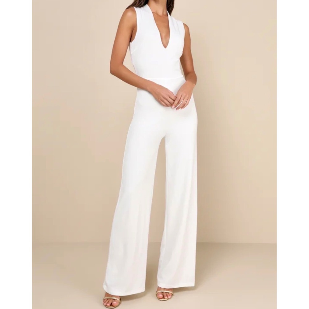 Lulus Thinking Out Loud White Backless Wide Leg Jumpsuit XL NEW
